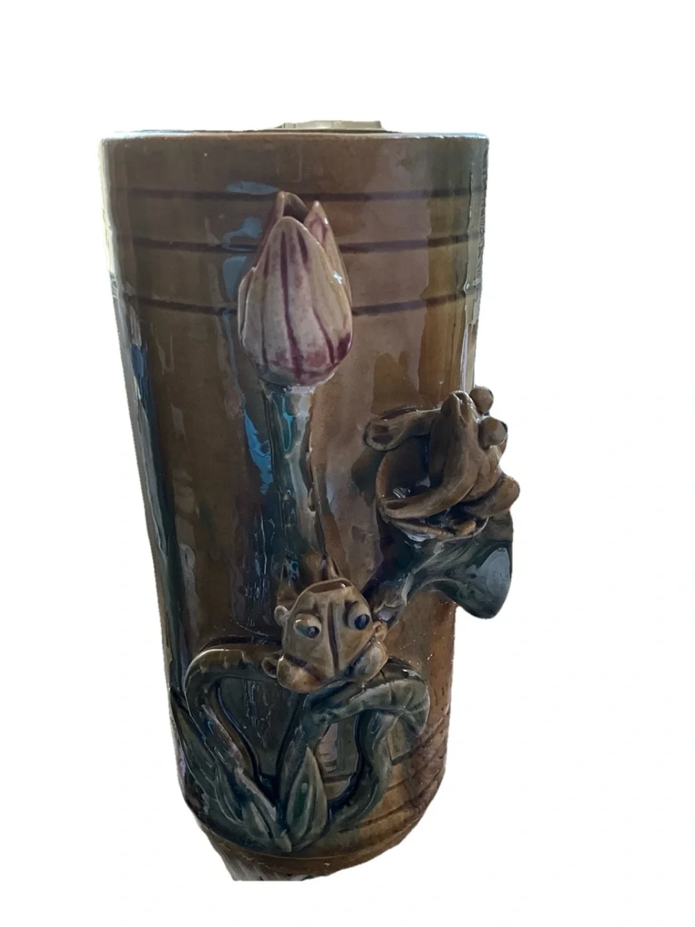 Vintage Art Pottery Majolica Style Vase Bamboo Frogs Lilly Pad Signed 8.5”